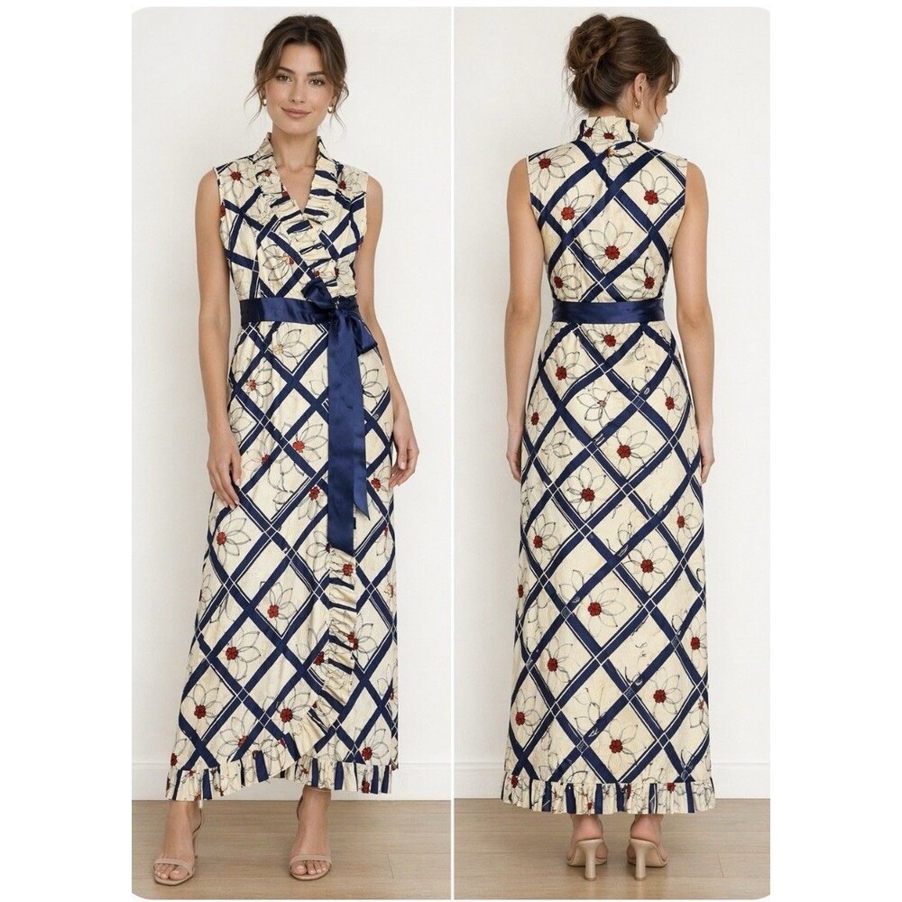 True Vintage 1960's Maxi Dress Ruffled Collar Satin Belt Long Floral 1970's S/M